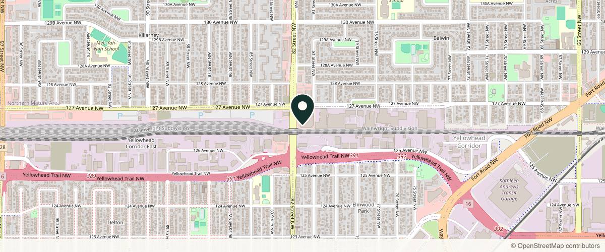 Map showing the exact location of Balwin Aesthetics at 8103 127 Ave NW #17, Edmonton, AB T5C 1R9, Canada
