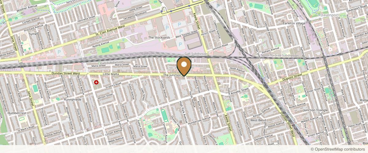 Map showing the exact location of Banff Aesthetics Clinic at 396 Pacific Ave #204, Toronto, ON M6P 2R1, Canada