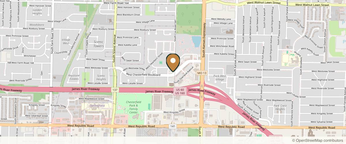 Map showing the exact location of Bare Alchemy Spa at 2225 W Chesterfield St #101, Springfield, MO 65807, USA