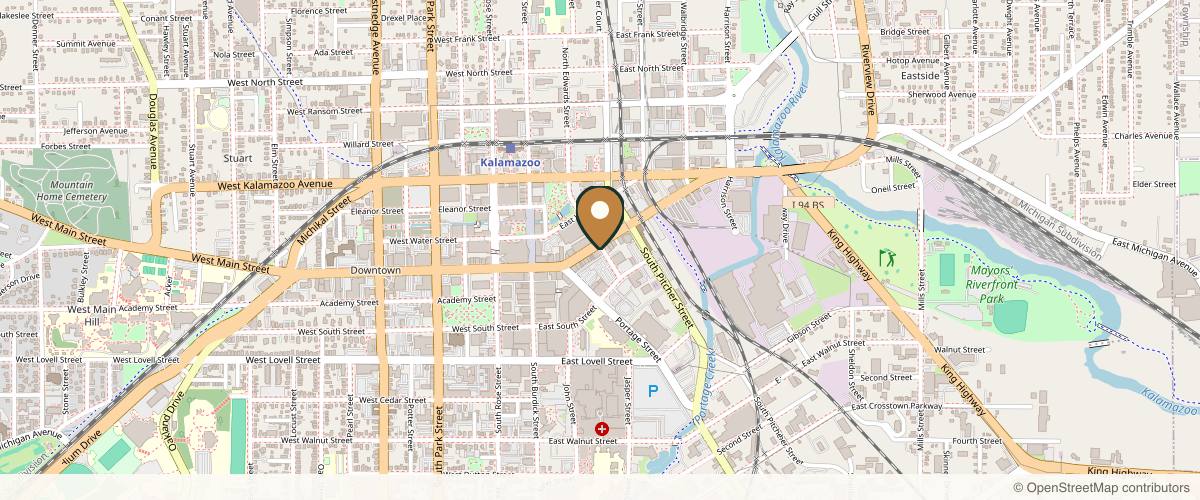 Map showing the exact location of Bare Beauty Bar & Spa at 276 E Michigan Ave, Kalamazoo, MI 49007, USA