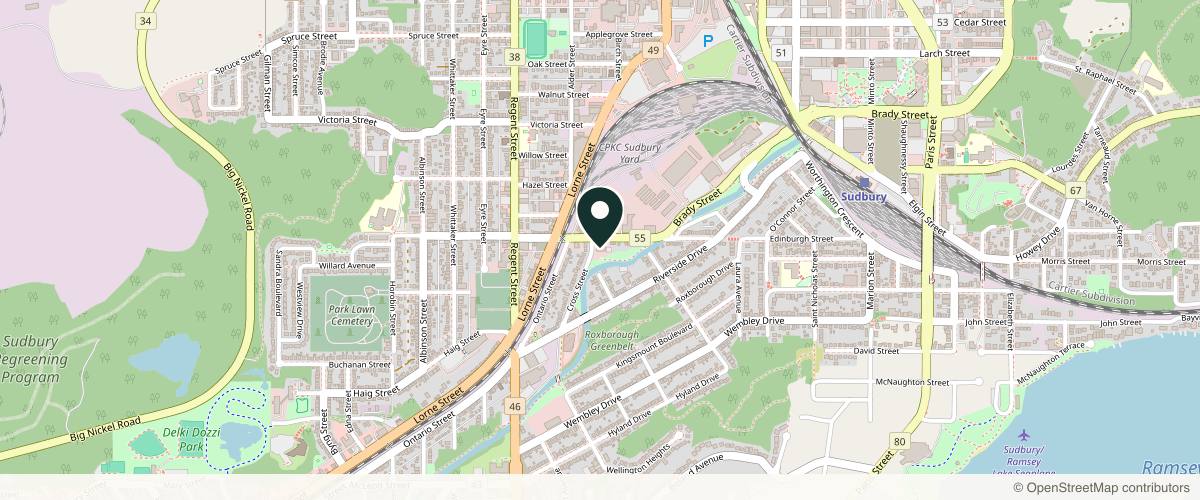 Map showing the exact location of Barr Plastic Surgery at 205 Douglas St, Greater Sudbury, ON P3E 1E9, Canada