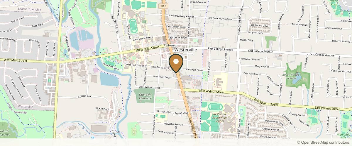 Map showing the exact location of BB Aesthetic & Wellness at 91 S State St, Westerville, OH 43081, USA