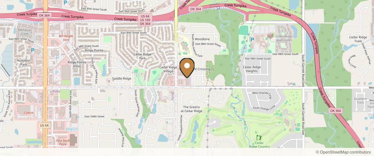 Map showing the exact location of Beauty Bar Med Spa at 9999 S Mingo Rd Ste Q, Tulsa, OK 74133, USA