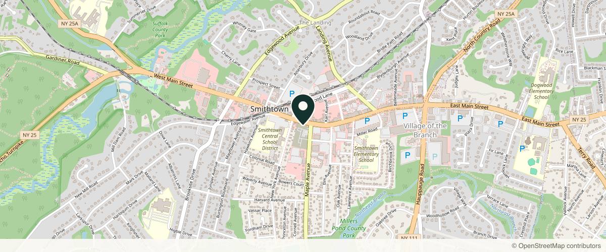 Map showing the exact location of Beauty Bomb Aesthetics at 100 W Main St Ste E, Smithtown, NY 11787, USA