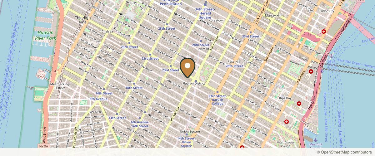 Map showing the exact location of BeautyFix Medspa Flatiron at 18 W 23rd St 2nd floor, New York, NY 10010, USA
