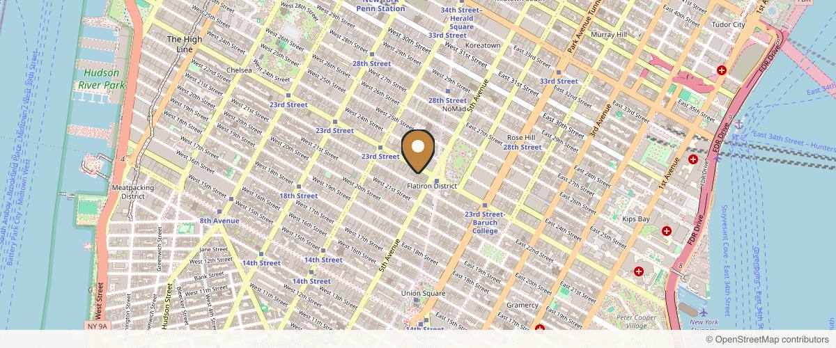 Map showing the exact location of BeautyFix Medspa Flatiron at 18 W 23rd St 2nd floor, New York, NY 10010, USA