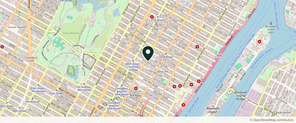 Map showing the exact location of BeautyFix Upper East Side at 201 E 69th St #2c, New York, NY 10021, USA