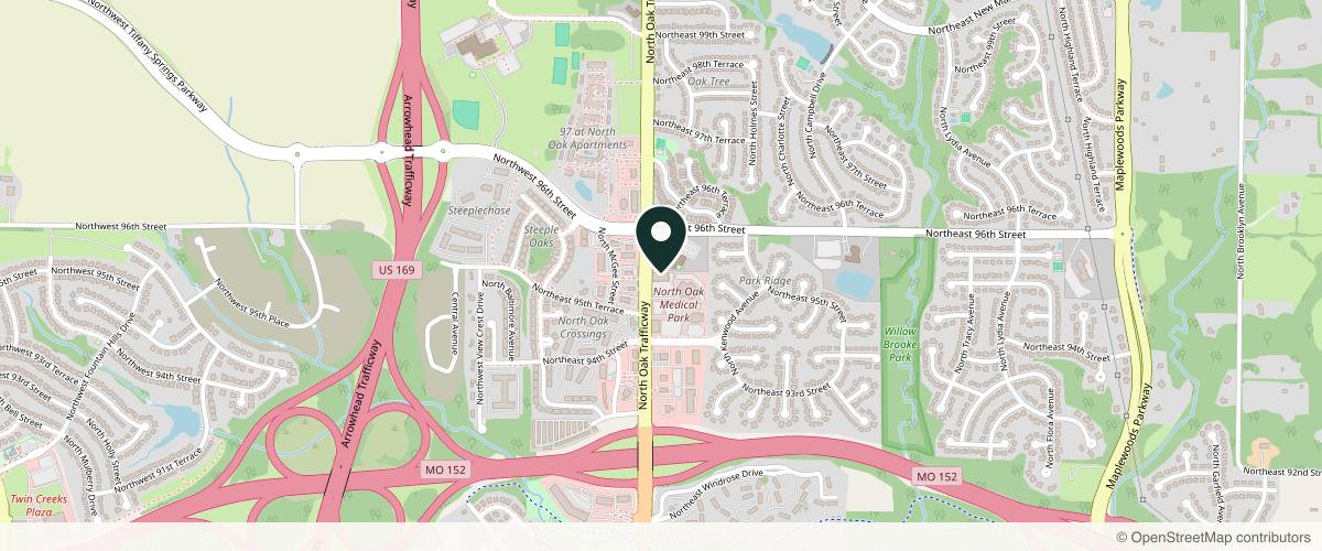 Map showing the exact location of Bella Derma Medical Aesthetics & Wellness at 9501 N Oak Trafficway Ste 280, Kansas City, MO 64155, USA