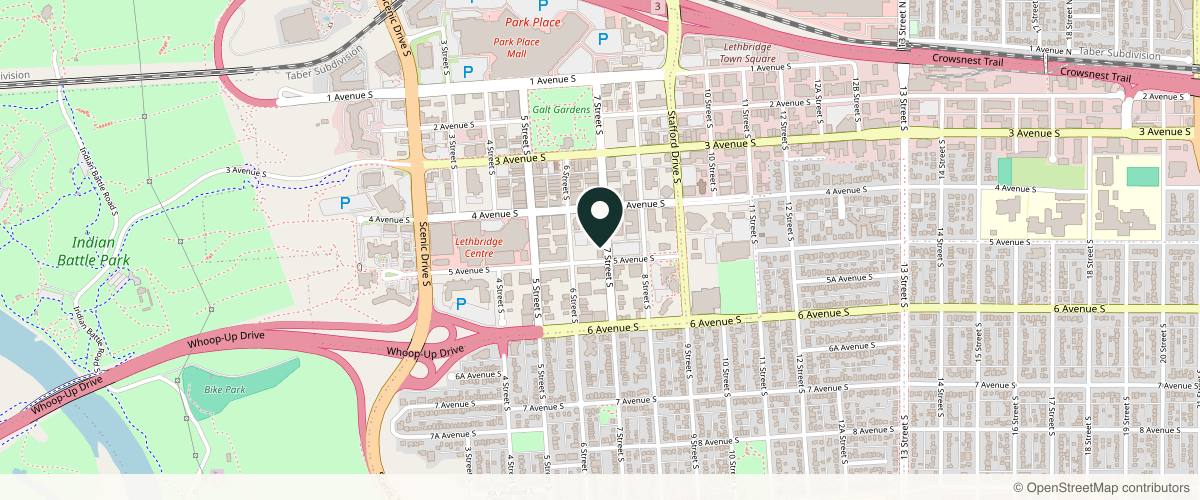 Map showing the exact location of Bella Skin and Laser Spa Inc at 434 7 St S #102, Lethbridge, AB T1J 2G7, Canada