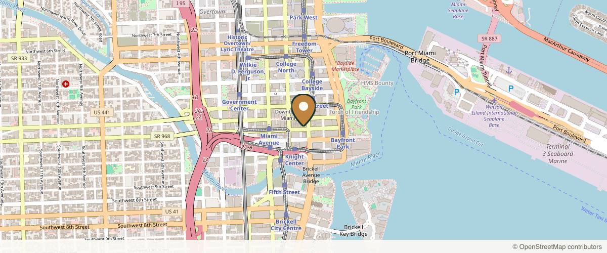 Map showing the exact location of Bella Vida Aesthetics & Wellness at 151 SE 1st St Ph 05, Miami, FL 33131, USA