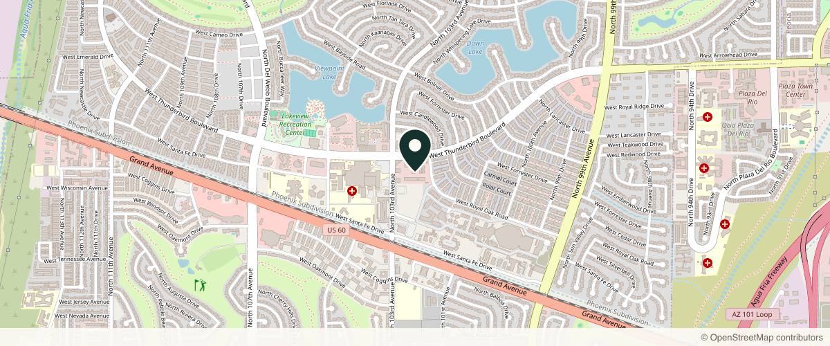 Map showing the exact location of Bellagio Med Spa Sun City at 13203 N 103rd Ave J3, Sun City, AZ 85351, USA