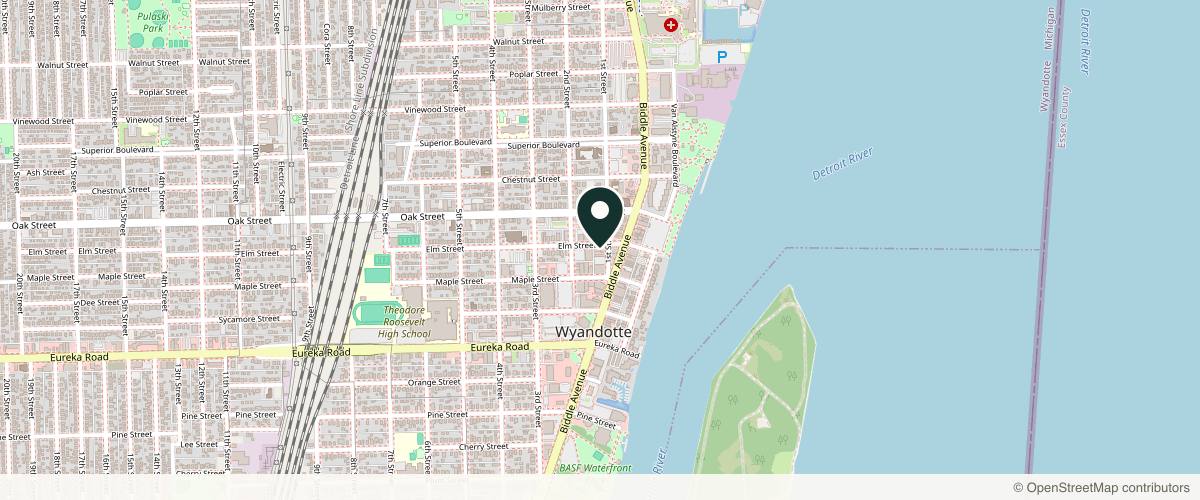 Map showing the exact location of Belle Reve Aesthetics at 113 Elm St, Wyandotte, MI 48192, USA