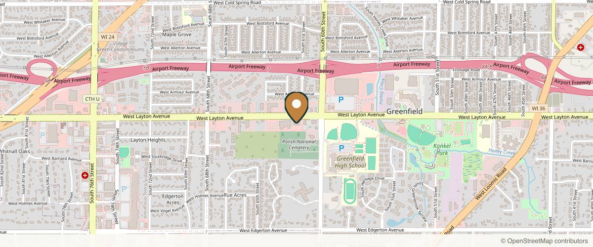 Map showing the exact location of Bellissimo Aesthetics at 6121 W Layton Ave, Greenfield, WI 53220, USA