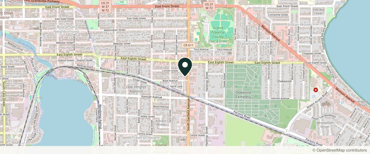 Map showing the exact location of Biofuse | IV Therapy & Medical Weight Loss Traverse City at 540 S Garfield Ave, Traverse City, MI 49686, USA