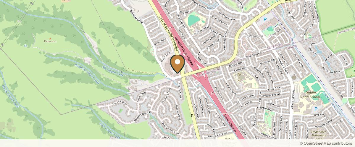 Map showing the exact location of BlossomMD Medical Spa & Wellness at 21001 San Ramon Valley Boulevard Unit D-4, Sola Salon Suites, #126,#117, San Ramon, CA 94583, USA
