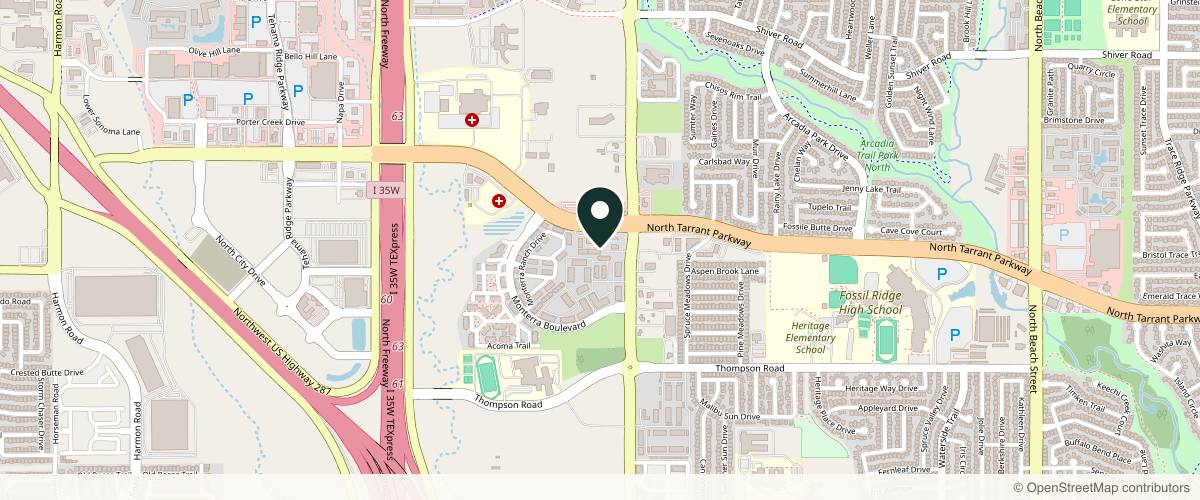 Map showing the exact location of Blu Magnolia Aesthetics at 3418 N Tarrant Pkwy, Fort Worth, TX 76177, USA