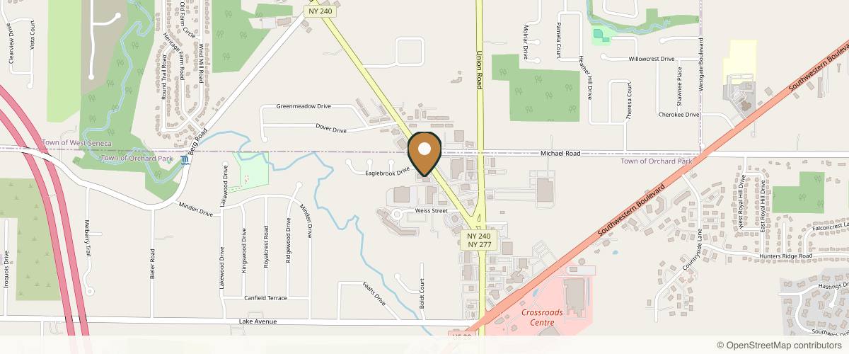 Map showing the exact location of Blu Spa & Salon at 3030 Orchard Park Rd, West Seneca, NY 14224, USA