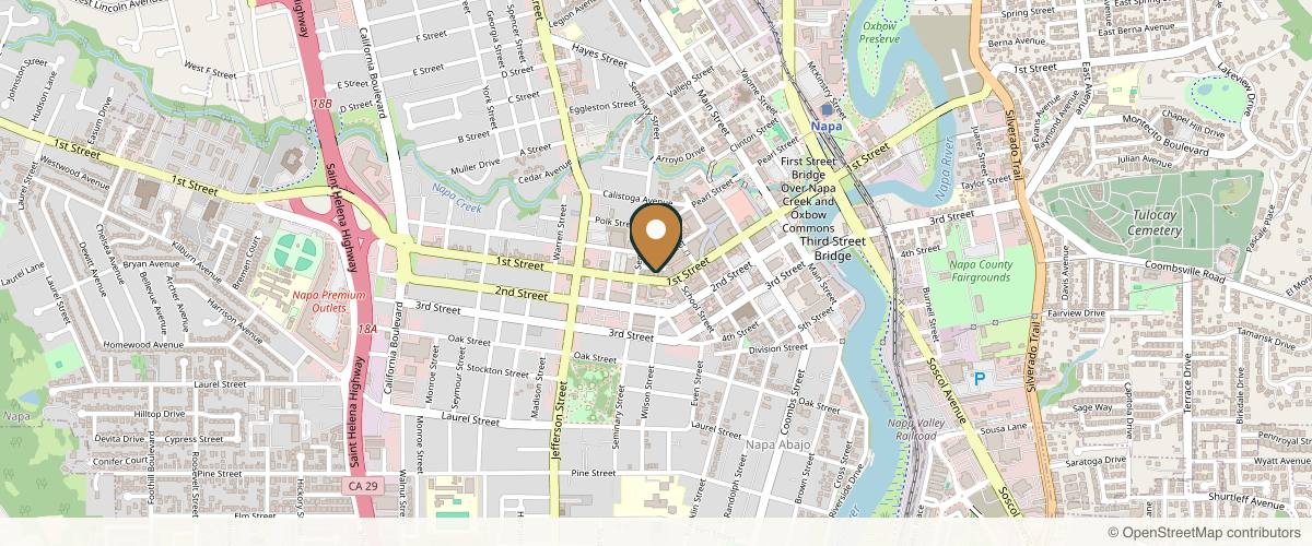 Map showing the exact location of Blue Water Day Spa at 1546 1st St Second Floor, Napa, CA 94559, USA