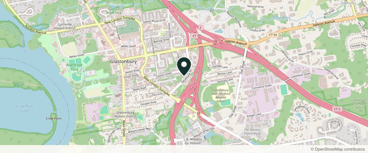 Map showing the exact location of Blush Med Spa at 100 Sycamore St Suite 1, top floor, Glastonbury, CT 06033, USA