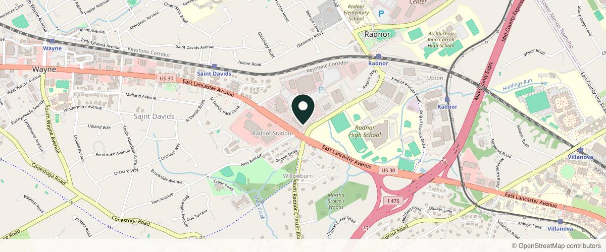 Map showing the exact location of Body+Beauty Lab at 595 E Lancaster Ave, St Davids, PA 19087, USA