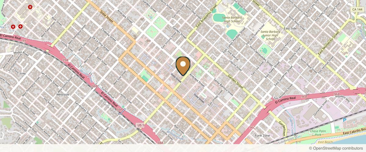 Map showing the exact location of Body Sculpting Santa Barbara at 21 E Carrillo St Ste 150, Santa Barbara, CA 93101, USA