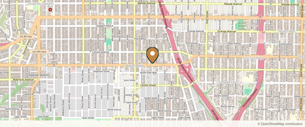 Map showing the exact location of Botoxie - North Park at 3120 University Ave, San Diego, CA 92104, USA