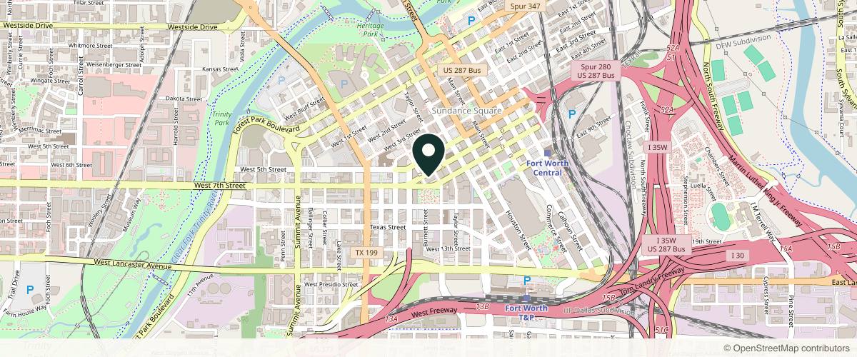 Map showing the exact location of Bougie Aesthetics at 500 W 7th St Ste 1714, Fort Worth, TX 76102, USA