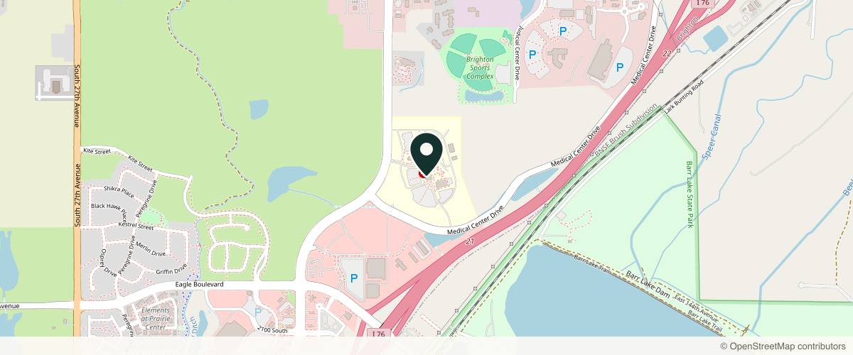 Map showing the exact location of Boulder Valley Center for Dermatology at 1606 Prairie Center Pkwy MOB 1, STE 340, Brighton, CO 80601