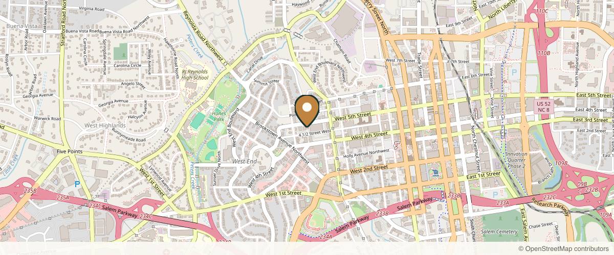 Map showing the exact location of Boutique Wellness Rejuvenation Center at 848 W 5th St, Winston-Salem, NC 27101, USA