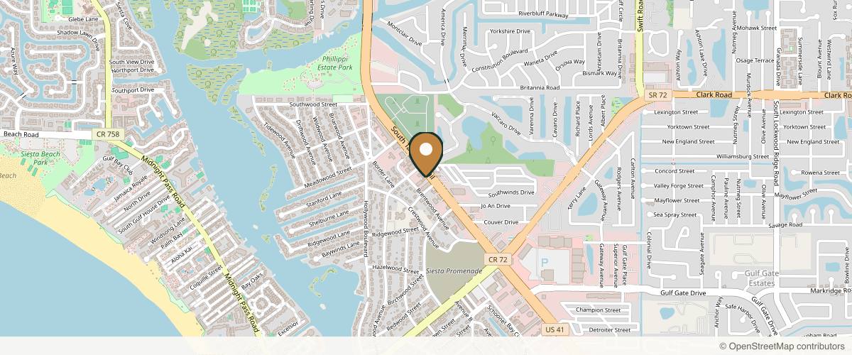 Map showing the exact location of Bowtique Med Spa at 6118 S Tamiami Trl, Sarasota, FL 34231, USA