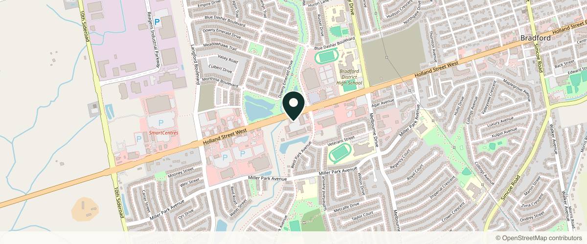 Map showing the exact location of Bradford Skin Clinic at 444 Holland St W Unit 2, Bradford, ON L3Z 0G1, Canada