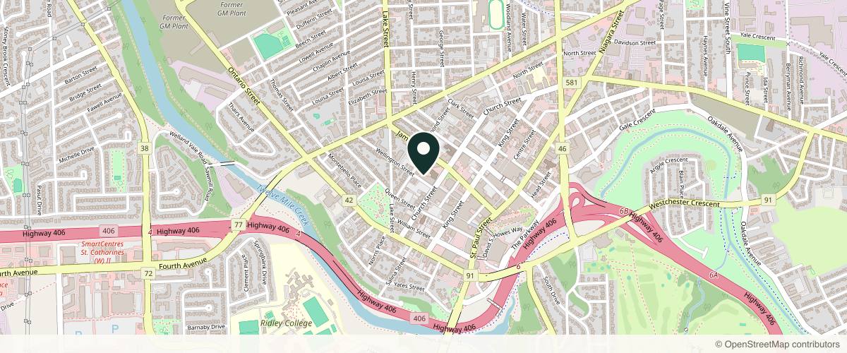 Map showing the exact location of Brigitte Biller Cosmetic Medical Laser Clinic at 43 Church St, St. Catharines, ON L2R 7E1, Canada