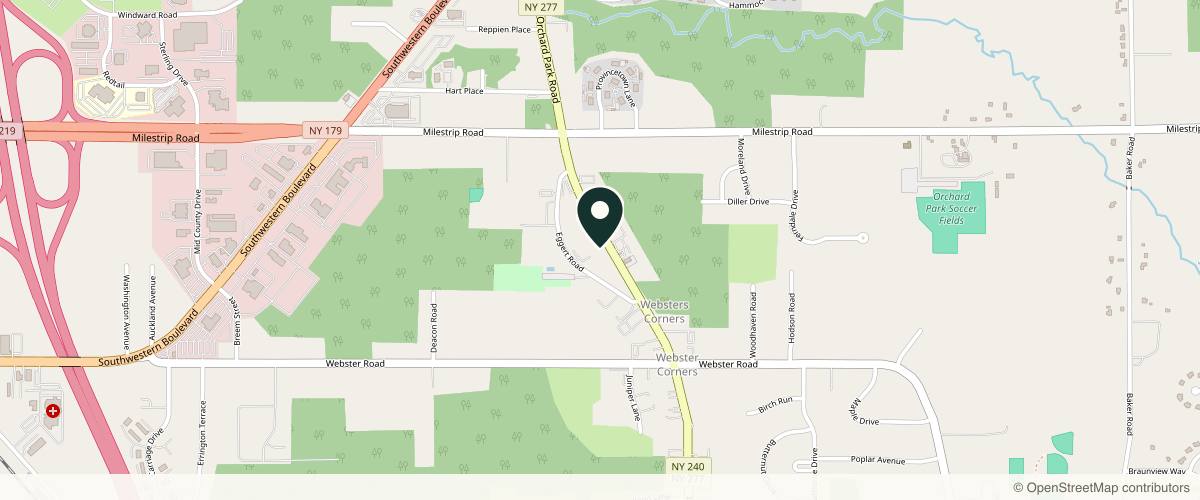 Map showing the exact location of Brilliance Aesthetics & Injectables Med Spa at 3614 N Buffalo St, Orchard Park, NY 14127, USA