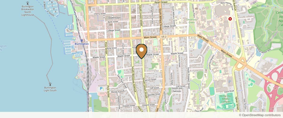 Map showing the exact location of Brilliant Massage & Skin at 239 S Union St #1, Burlington, VT 05401, USA