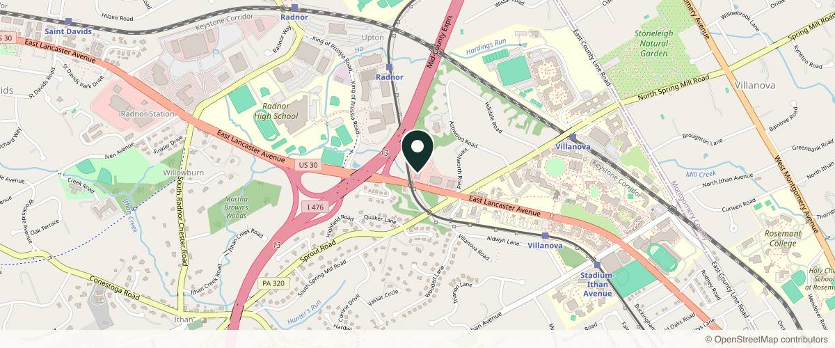 Map showing the exact location of Bryn Mawr Dermatology at 775 E Lancaster Ave #200, Villanova, PA 19085