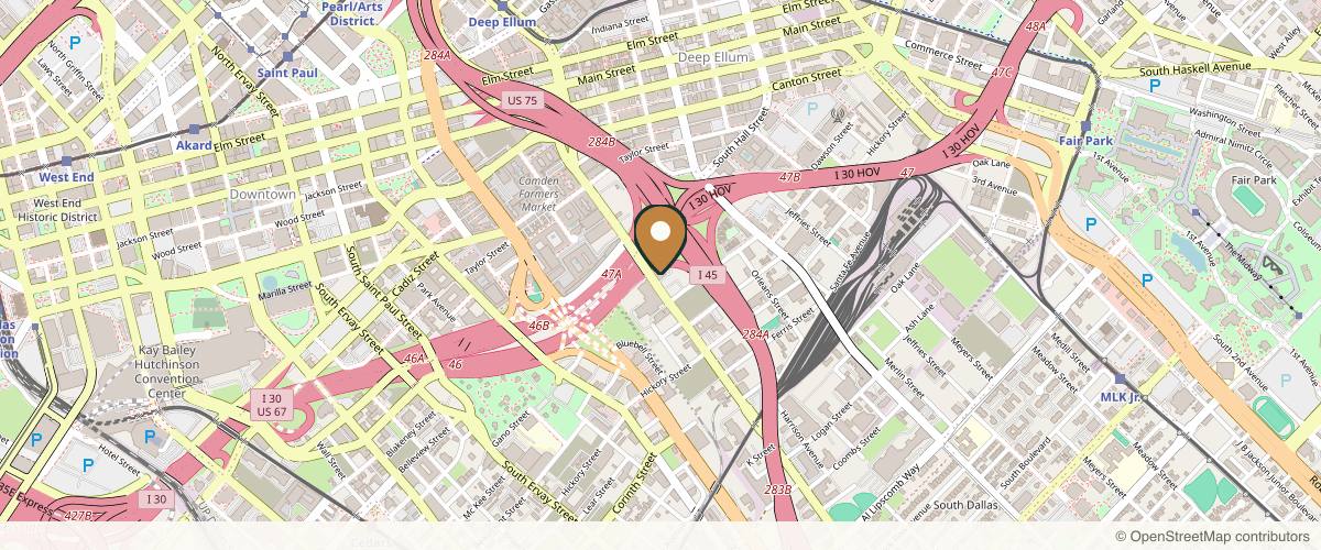 Map showing the exact location of Calypso Aesthetic Lab at 1526 S Good Latimer Expy Suite 100, Dallas, TX 75226, USA