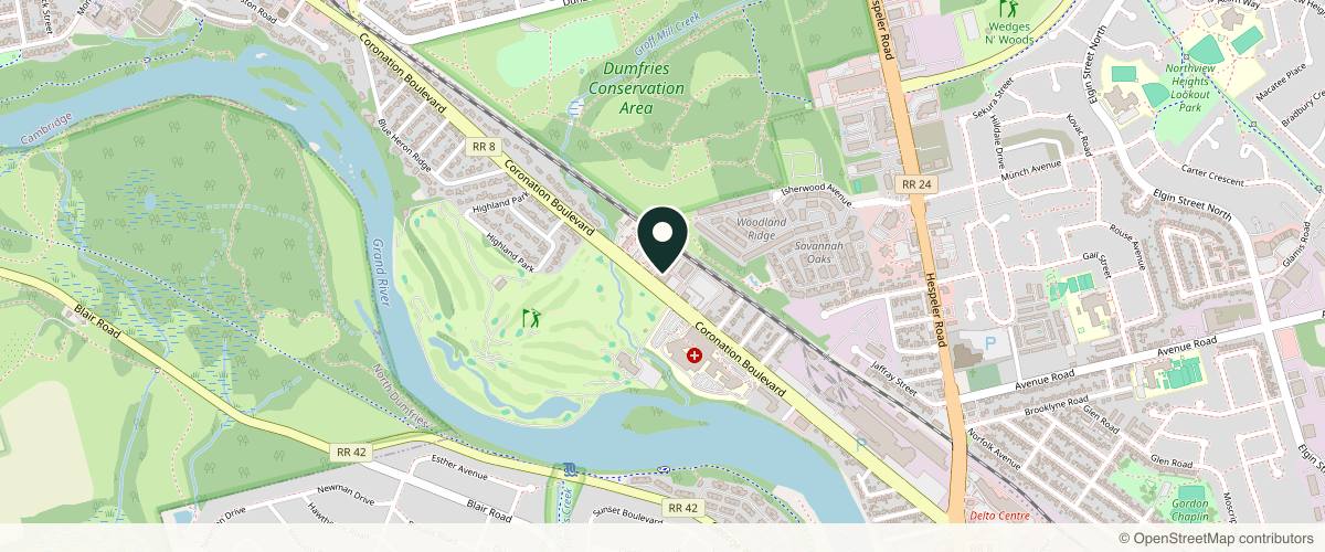 Map showing the exact location of Cambridge Skin and Wellness at 697 Coronation Blvd #5, Cambridge, ON N1R 7R1, Canada