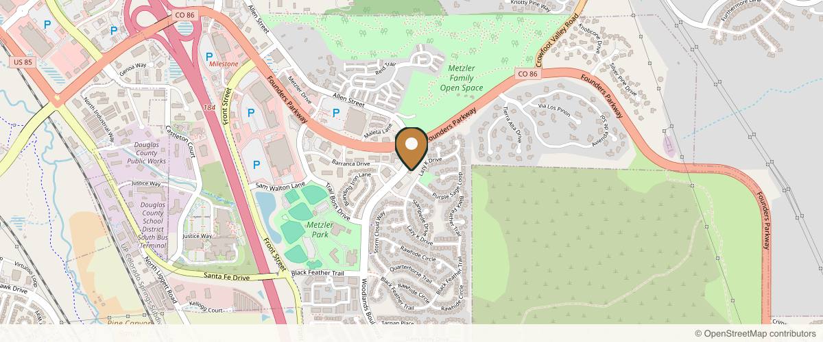 Map showing the exact location of Cara Mia Dermatology at 4344 Woodlands Blvd Ste 160, Castle Rock, CO 80109, USA