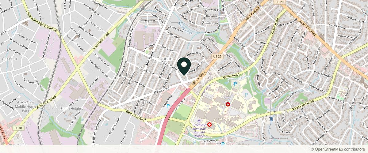 Map showing the exact location of Carolina Dermatology of Greenville at 5 Stevens St Ste 300, Greenville, SC 29605