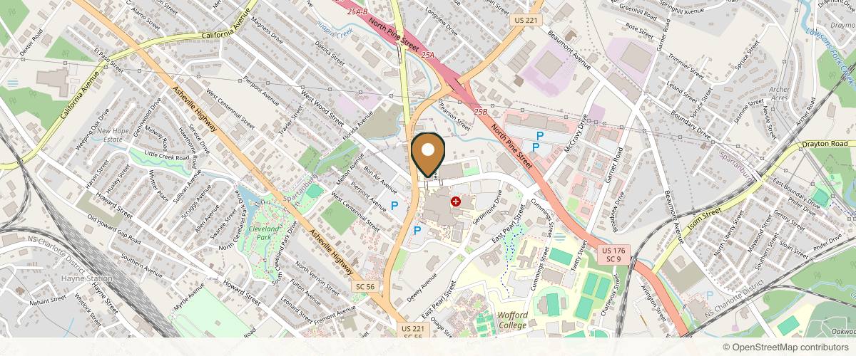 Map showing the exact location of Carolina Plastic Surgery at 100 E Wood St #100, Spartanburg, SC 29303, USA