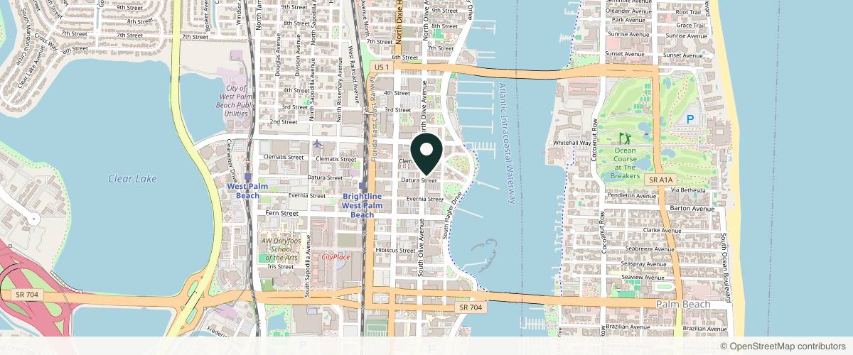 Map showing the exact location of Carroll Dermatology at 120 S Olive Ave #116, West Palm Beach, FL 33401
