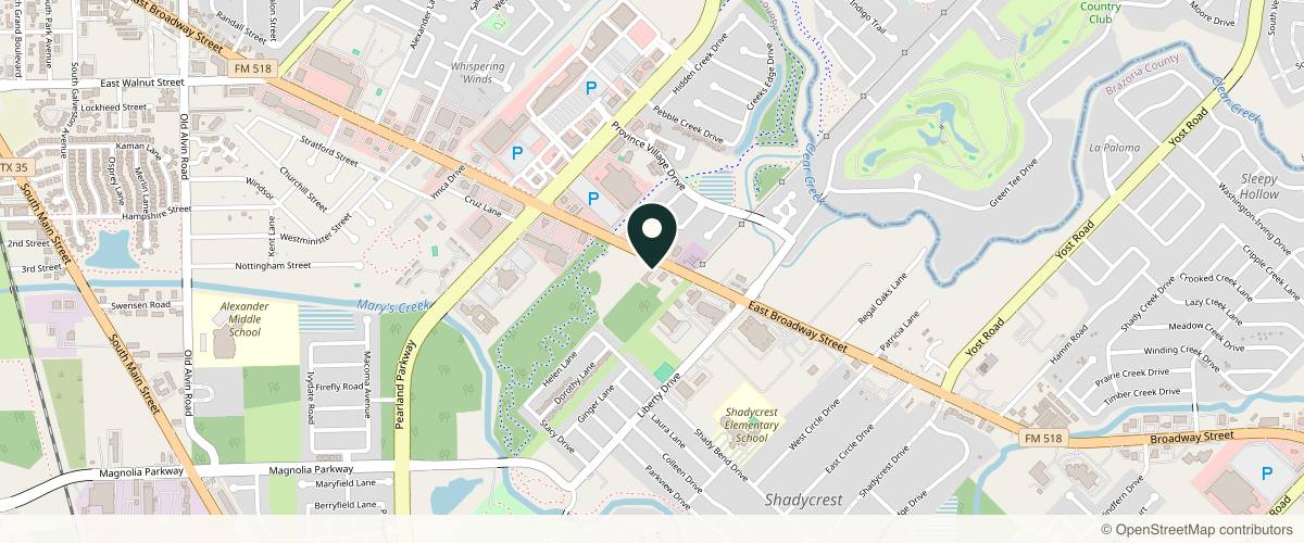 Map showing the exact location of CC Wellness & Aesthetics- Pearland at 2640 E Broadway St Ste. 107, Pearland, TX 77581, USA