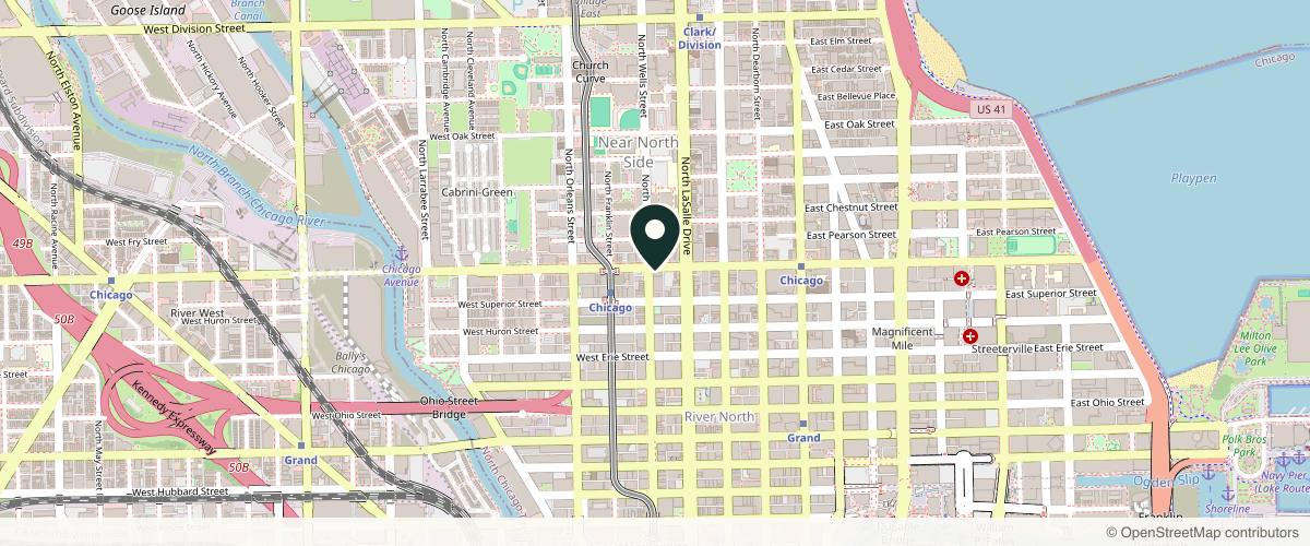 Map showing the exact location of Center for Dermatology and Aesthetic Medicine at 165 W Chicago Ave, Chicago, IL 60654