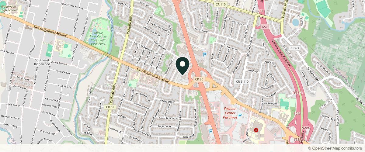Map showing the exact location of Center for Dermatology & Skin Surgery at 1 W Ridgewood Ave Ste 103, Paramus, NJ 07652, USA