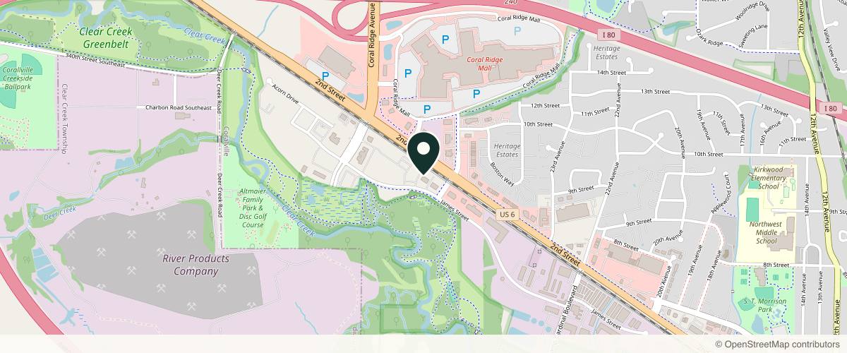 Map showing the exact location of Chapter Aesthetic Studio at 2611 James St Ste 500, Coralville, IA 52241, USA