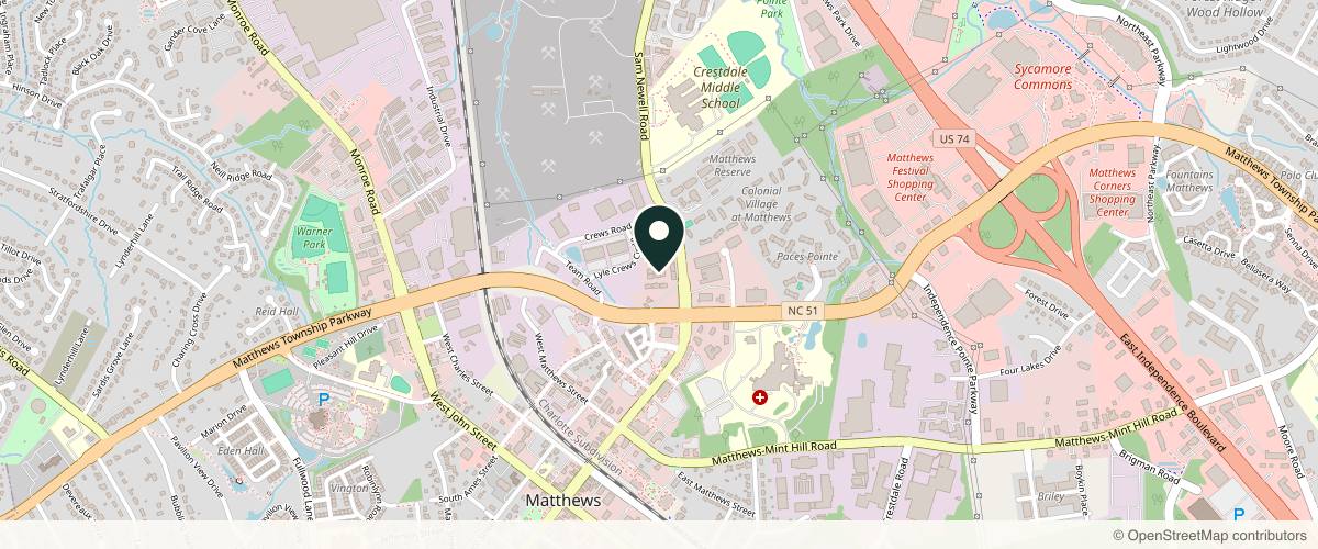 Map showing the exact location of Charlotte Dermatology | Matthews Office at 1238 Mann Dr, Matthews, NC 28105