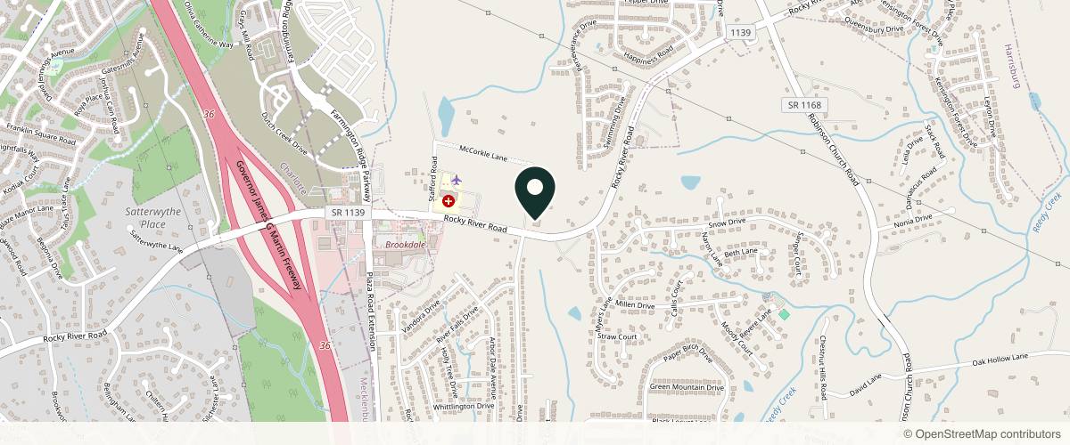Map showing the exact location of Charlotte Dermatology | Rocky River at 9550 Rocky River Rd Ste 200, Charlotte, NC 28215