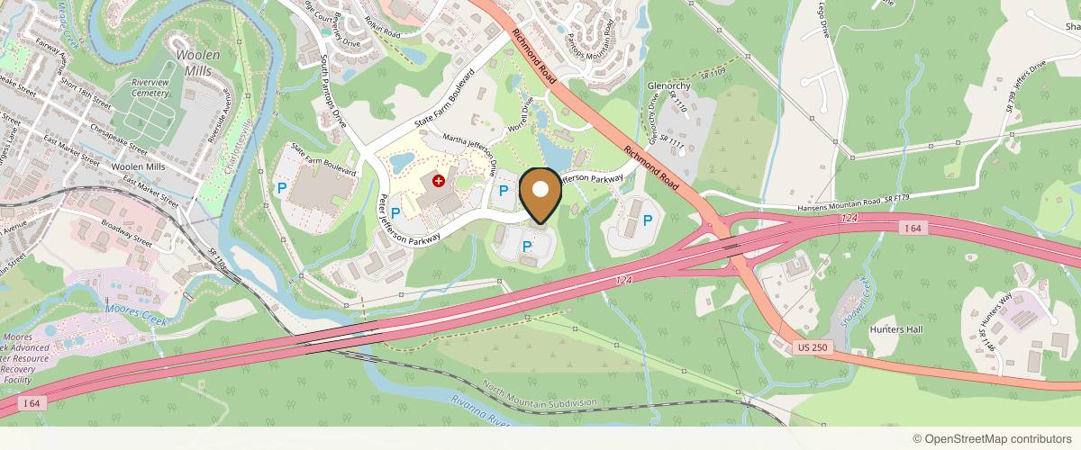 Map showing the exact location of Charlottesville Plastic Surgery at 630 Peter Jefferson Pkwy Ste 100, Charlottesville, VA 22911, USA