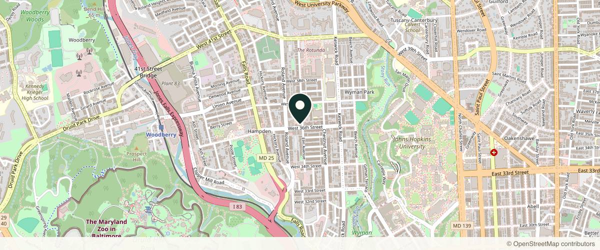 Map showing the exact location of Charm City Skin at 3602 Elm Ave, Baltimore, MD 21211, USA