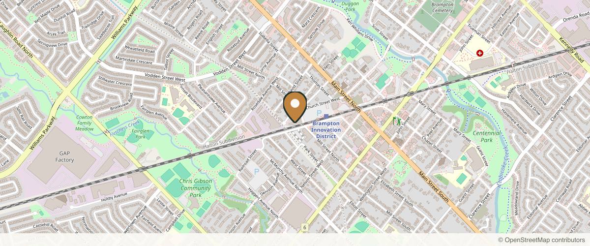 Map showing the exact location of Chrysalis Beauté Med Spa at 57 Mill St N #106B, Brampton, ON L6X 1S9, Canada